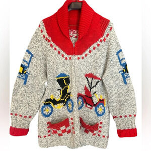 XXL cowichan handcrafted wool sweater with a “transportation” theme- incredible